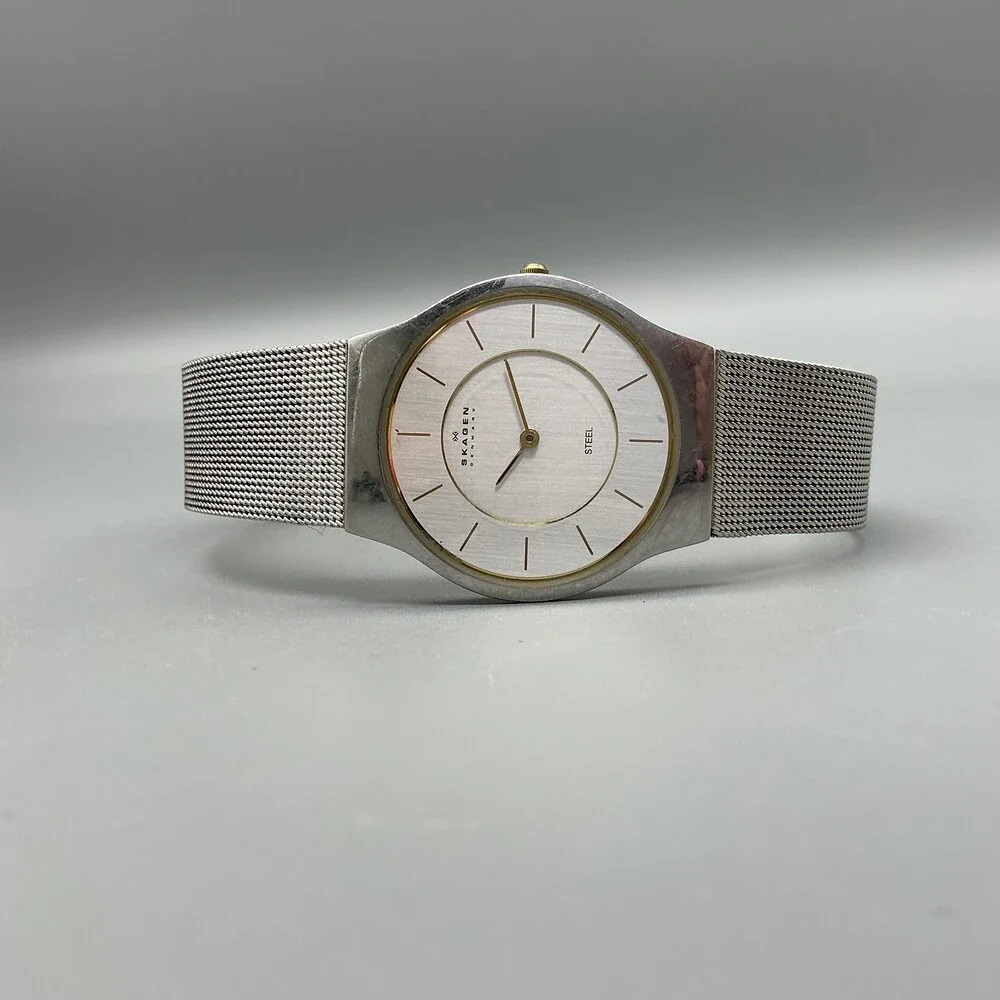 Skagen Mens Watch 34mm Silver Tone Mesh Stainless Denmark 233LSC New Battery